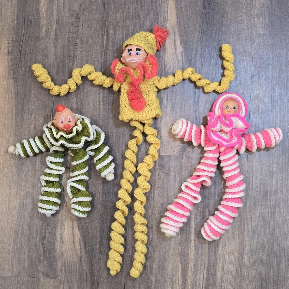 3 Vintage Handmade Crocheted YoYo Yarn Clown Doll Head Toy Pink Green‎ Yellow